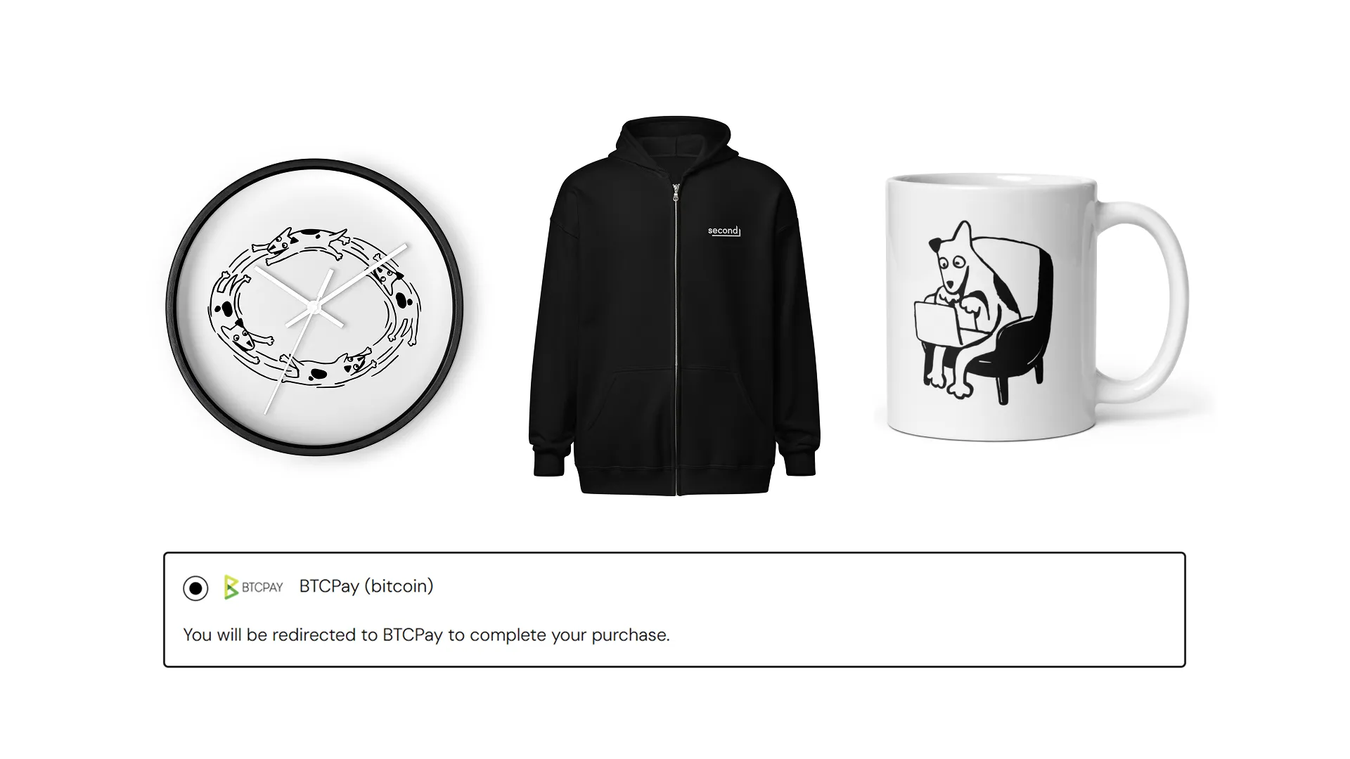 A wall clock, a black zip hoodie, and a mug from the Second swag store, with the BTCPay payment option selected at checkout