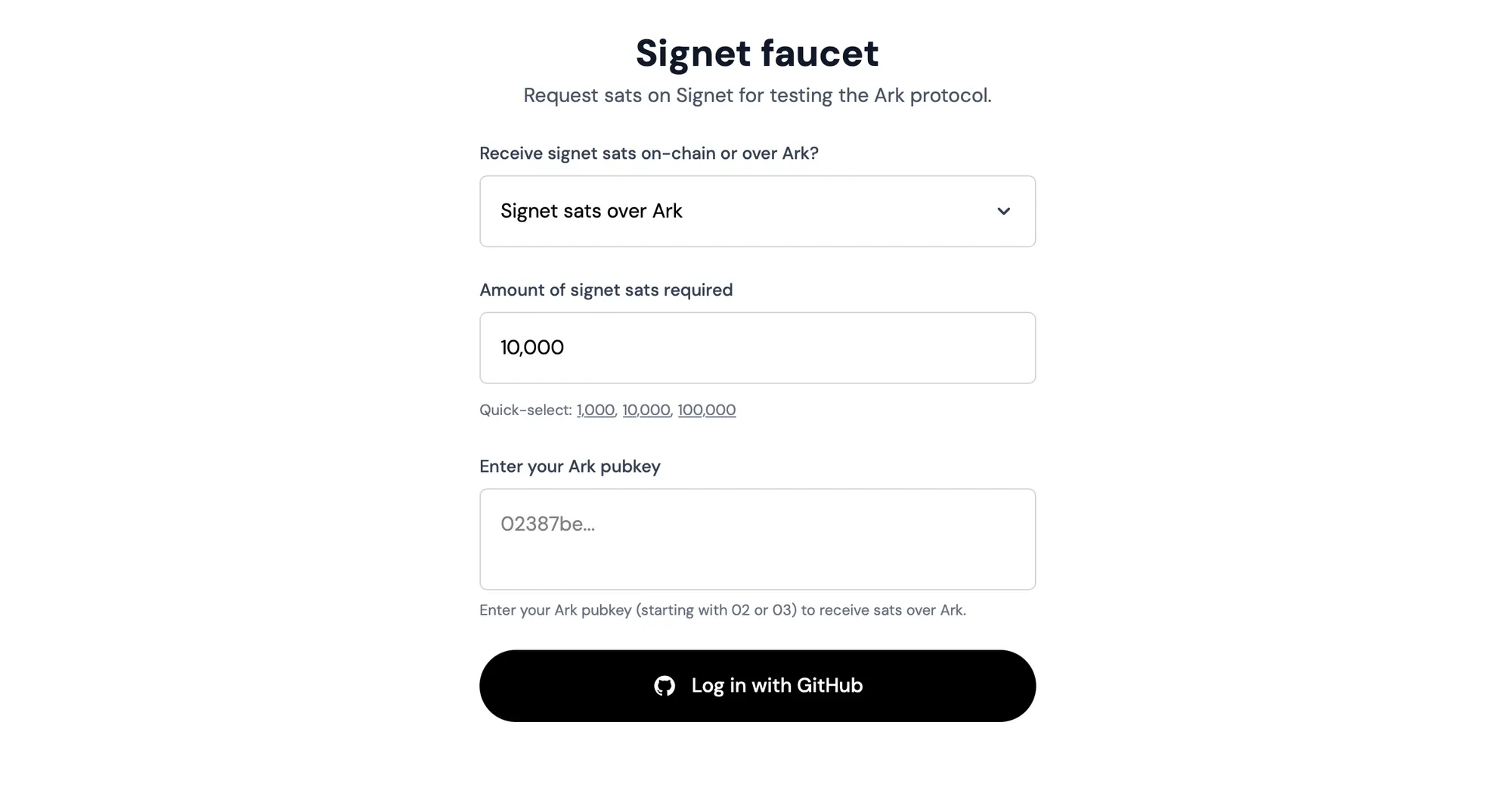 A screenshot of Second’s signet faucet, for obtaining signet sats on-chain and on Ark