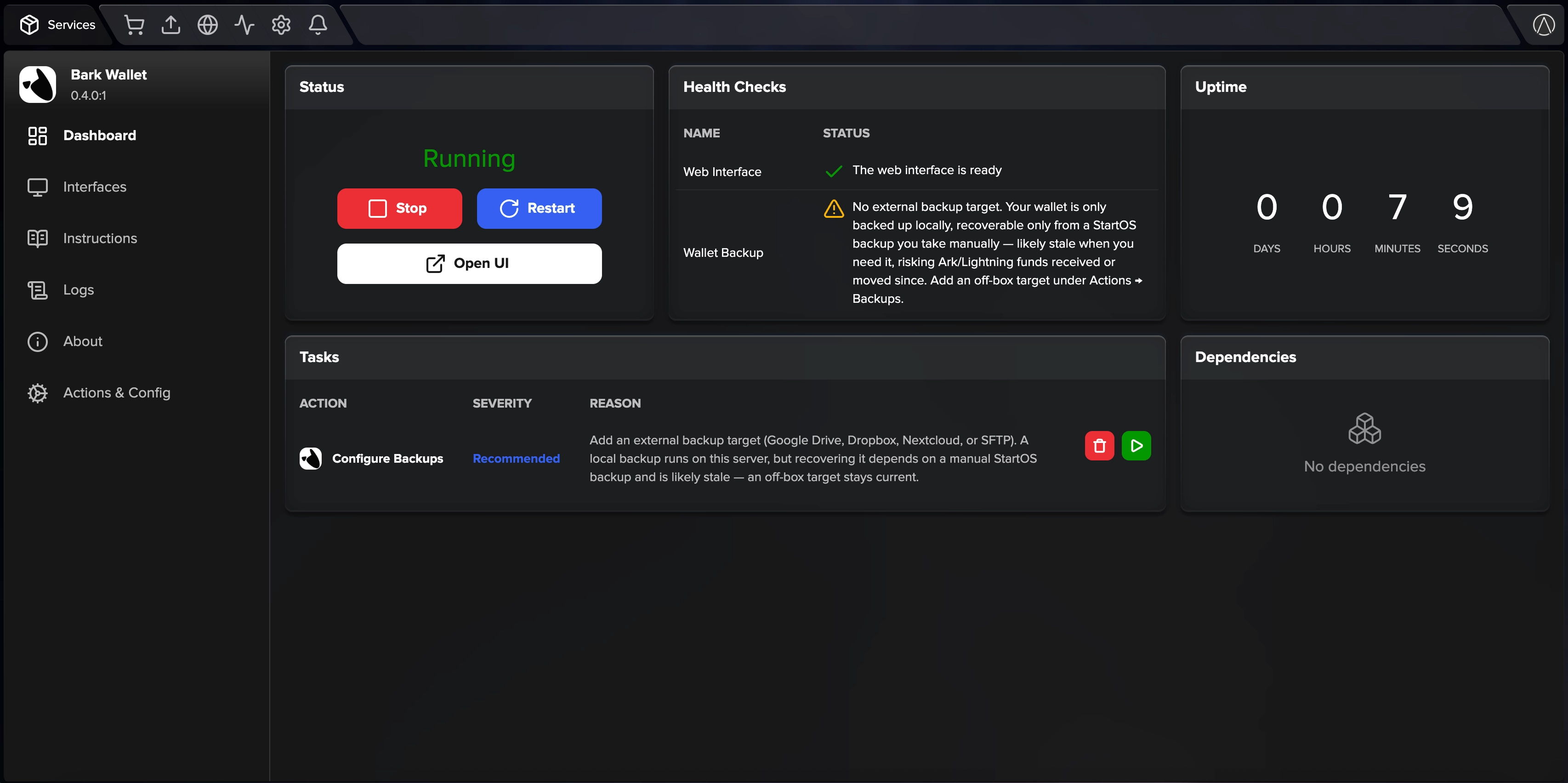 Bark Wallet running as a StartOS service, with a health check prompting for an external backup target