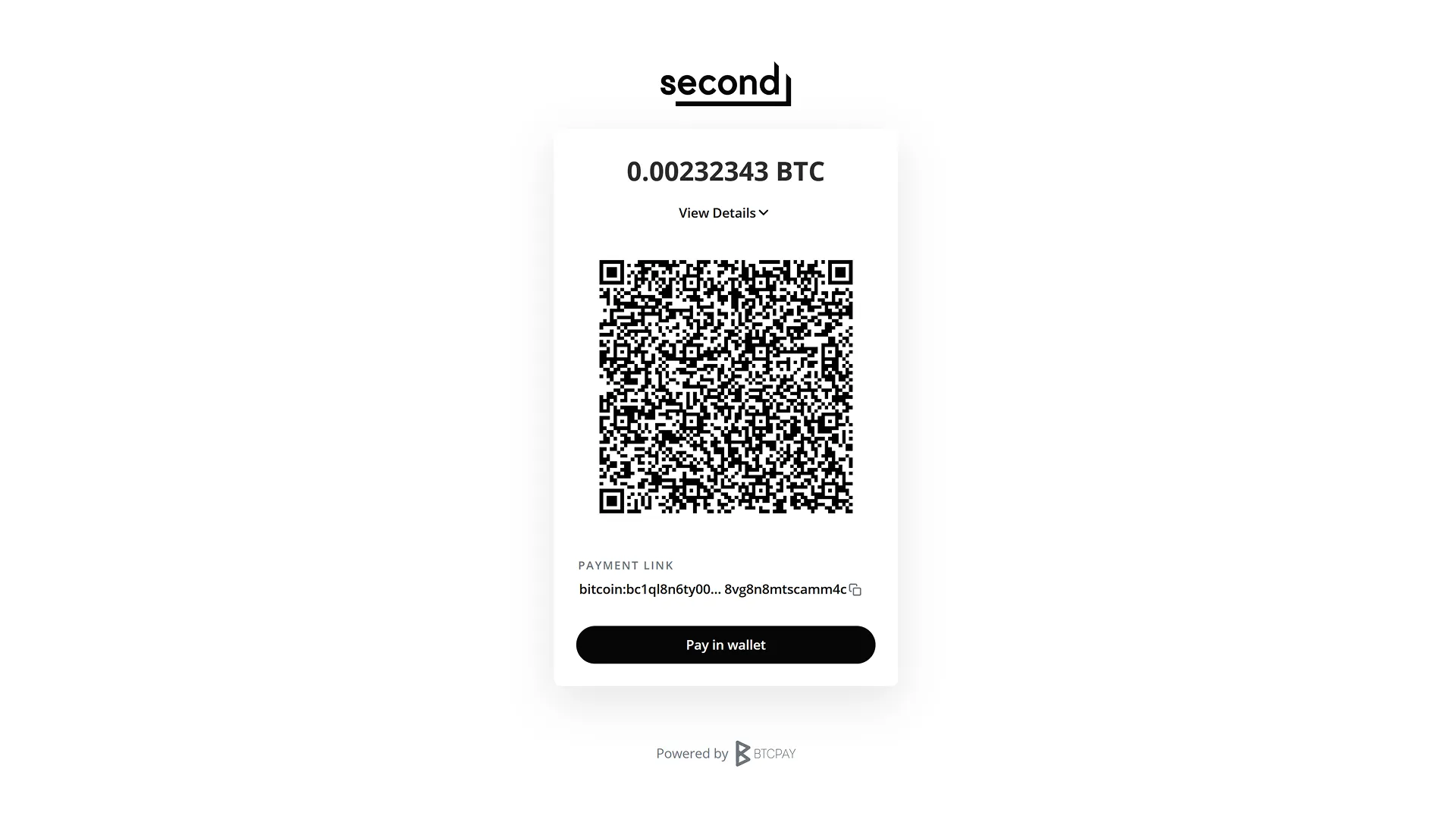 The Second swag store checkout: a single QR code and payment link for 0.00232343 BTC, with a Pay in wallet button, powered by BTCPay